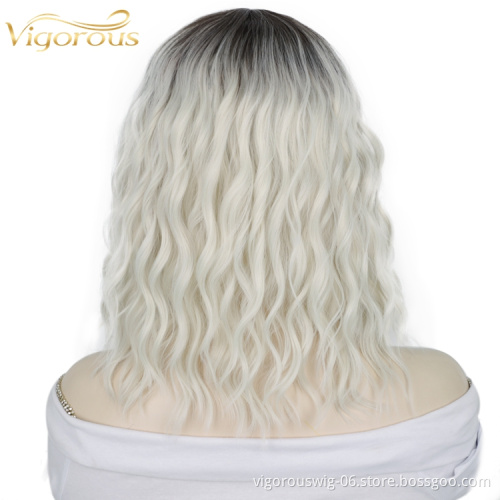 Hot Sale Cheap Short Bob Cosplay Party Curly Ombre Gray For Women Fiber Small Part Lace Front Wig Synthetic Hair